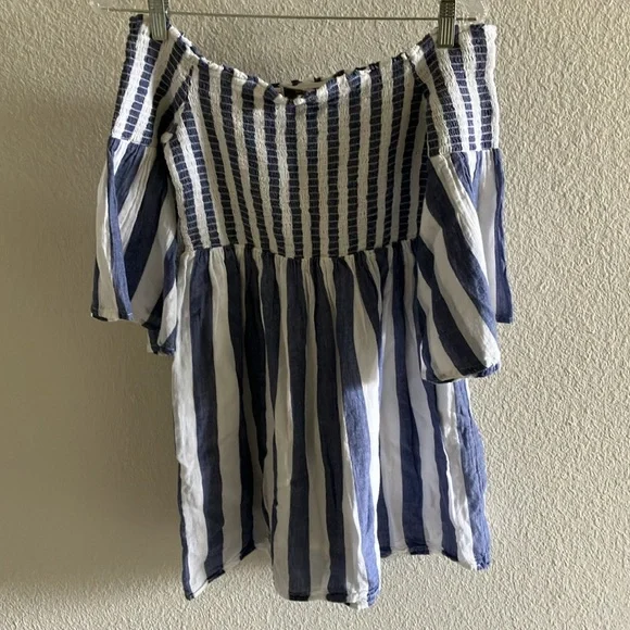 Lucky‎ Brand Blue & White Stripe Off Shoulder Mini Dress 100% Cotton Sz S- EUC - Picture 3 of 10